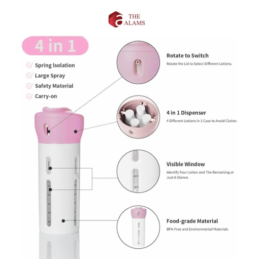 4 in 1 Cosmetic Dispenser Travel Bottle, 4 x 40 ml bottles, Color- Baby Pink